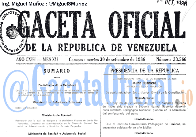 Gaceta Oficial 33566 del 30 Septiembre 1986