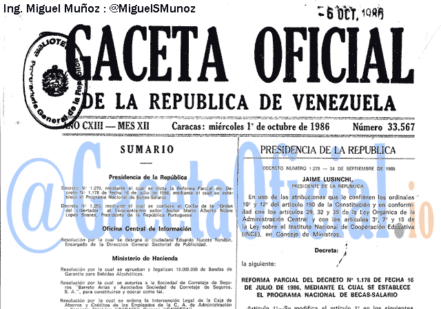 Gaceta Oficial 33567 del 1 Octubre 1986