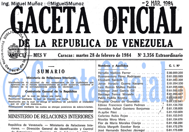 Gaceta Oficial 3356 del 28 Febrero 1984