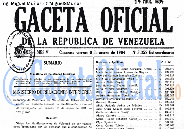 Gaceta Oficial 3359 del 9 Marzo 1984