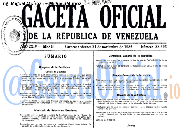 Gaceta Oficial 33603 del 21 Noviembre 1986