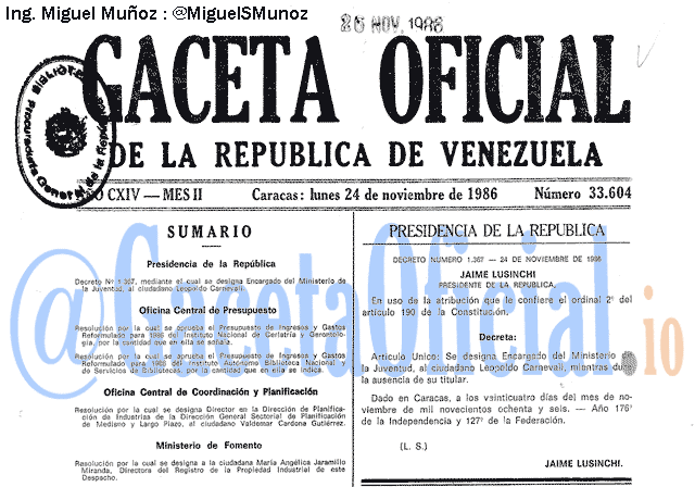 Gaceta Oficial 33604 del 24 Noviembre 1986