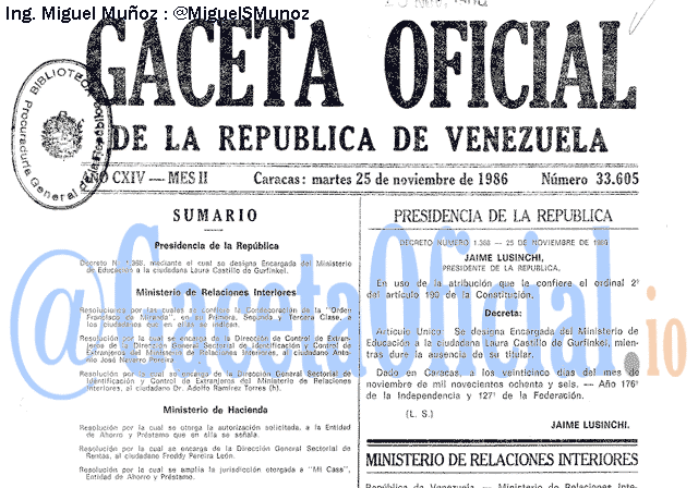 Gaceta Oficial 33605 del 25 Noviembre 1986