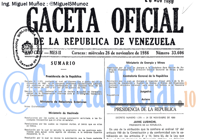 Gaceta Oficial 33606 del 26 Noviembre 1986