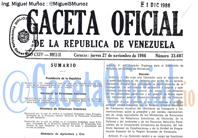 Gaceta Oficial 33607 del 27 Noviembre 1986