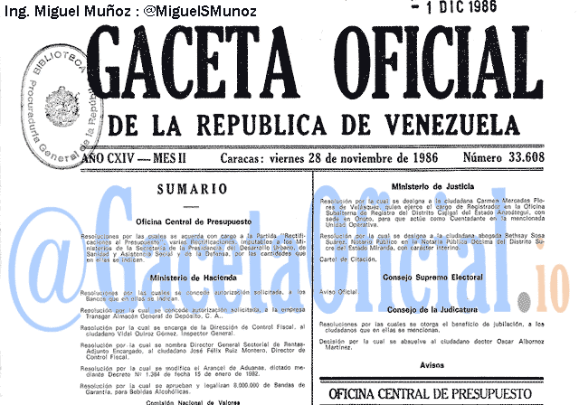 Gaceta Oficial 33608 del 28 Noviembre 1986