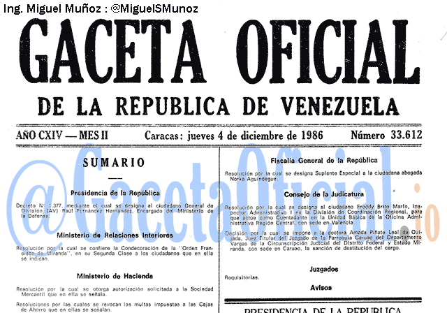 Gaceta Oficial 33612 del 4 Diciembre 1986