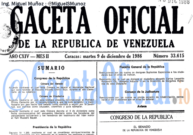 Gaceta Oficial 33615 del 9 Diciembre 1986
