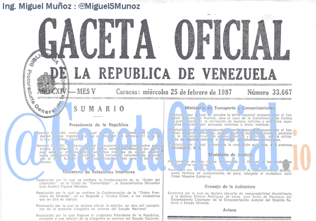 Gaceta Oficial 33667 del 25 Febrero 1987