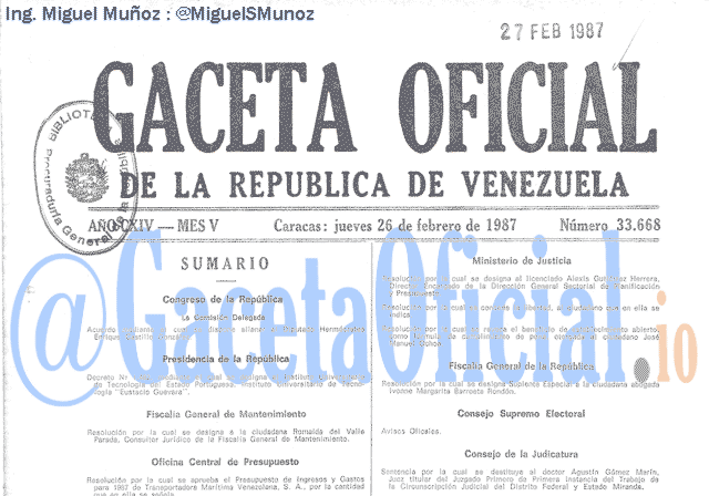 Gaceta Oficial 33668 del 26 Febrero 1987
