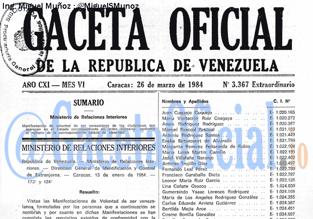 Gaceta Oficial 3367 del 26 Marzo 1984