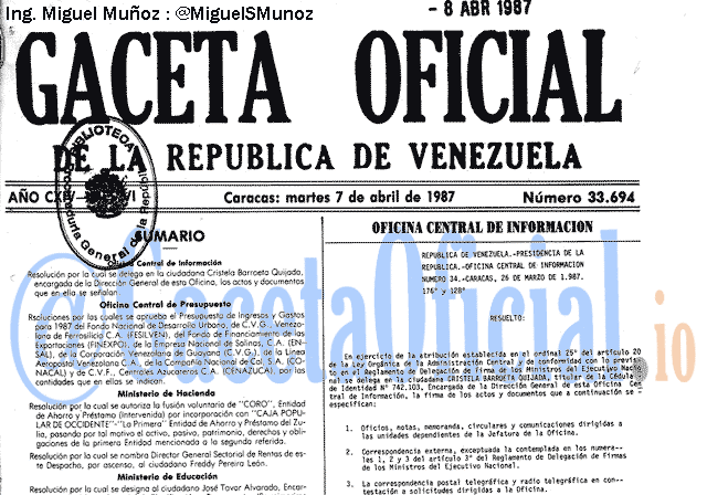 Gaceta Oficial 33694 del 7 Abril 1987