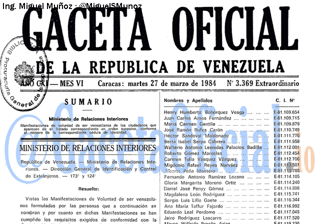 Gaceta Oficial 3369 del 27 Marzo 1984
