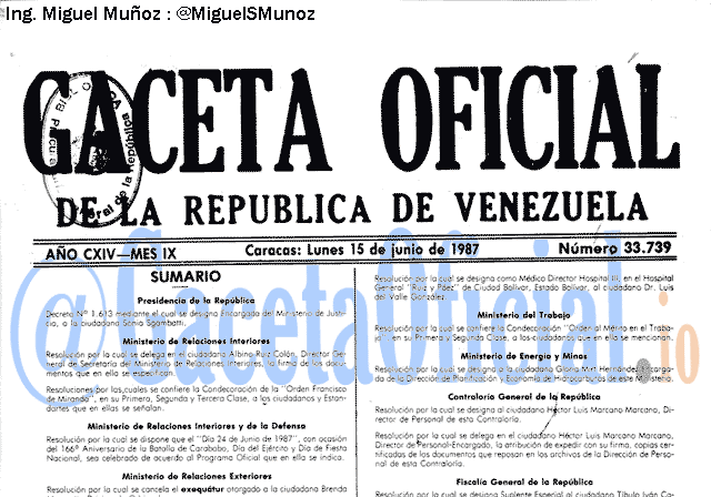 Gaceta Oficial 33739 del 15 Junio 1987