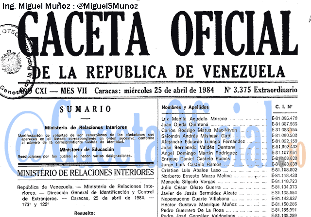 Gaceta Oficial 3375 del 25 Abril 1984