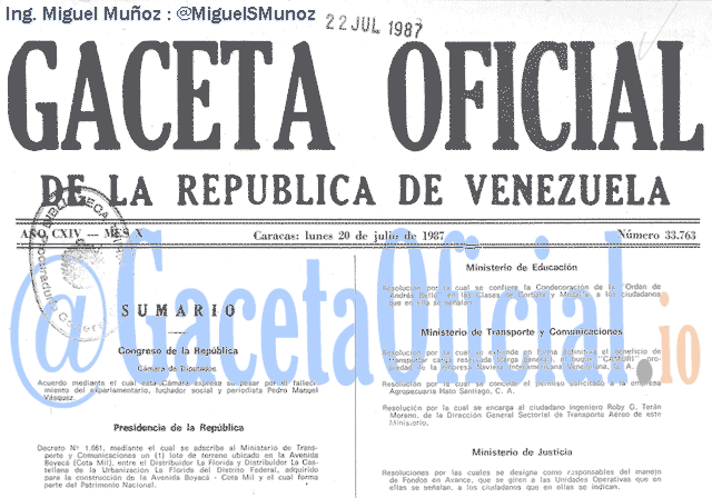 Gaceta Oficial 33763 del 20 Julio 1987