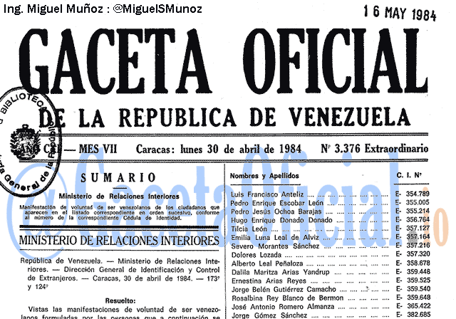 Gaceta Oficial 3376 del 30 Abril 1984