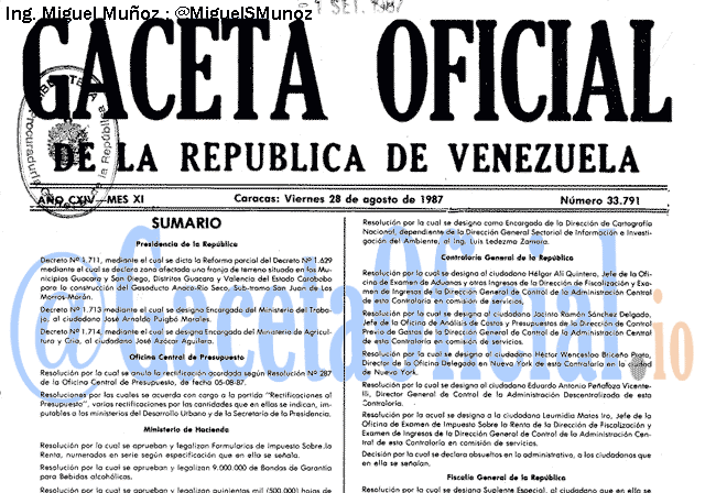 Gaceta Oficial 33791 del 28 Agosto 1987