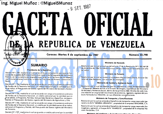 Gaceta Oficial 33798 del 8 Septiembre 1987