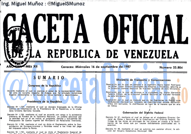 Gaceta Oficial 33804 del 16 Septiembre 1987