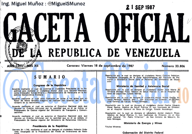 Gaceta Oficial 33806 del 18 Septiembre 1987