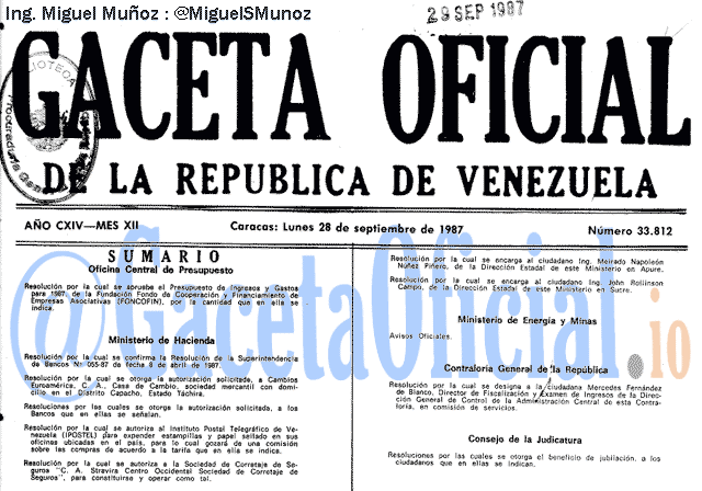Gaceta Oficial 33812 del 28 Septiembre 1987