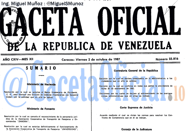Gaceta Oficial 33816 del 2 Octubre 1987