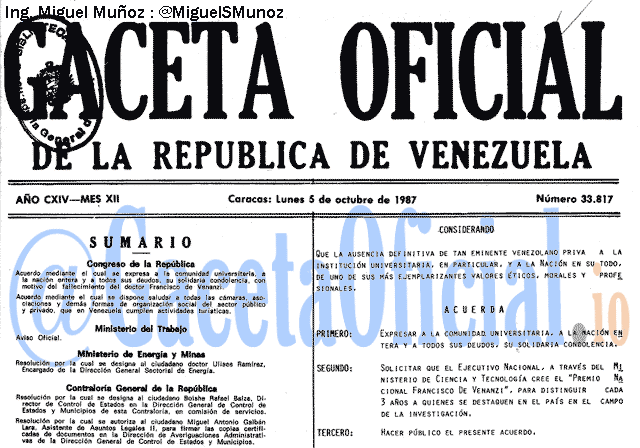 Gaceta Oficial 33817 del 5 Octubre 1987