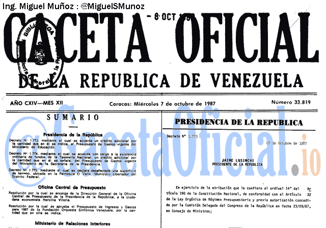 Gaceta Oficial 33819 del 7 Octubre 1987
