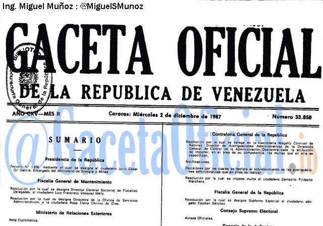 Gaceta Oficial 33858 del 2 Diciembre 1987