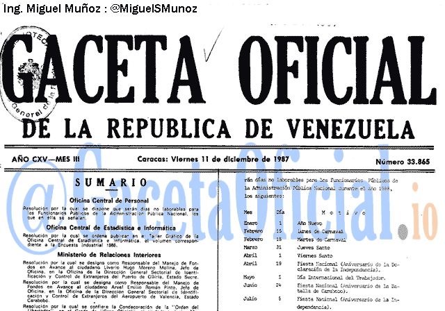 Gaceta Oficial 33865 del 11 Diciembre 1987