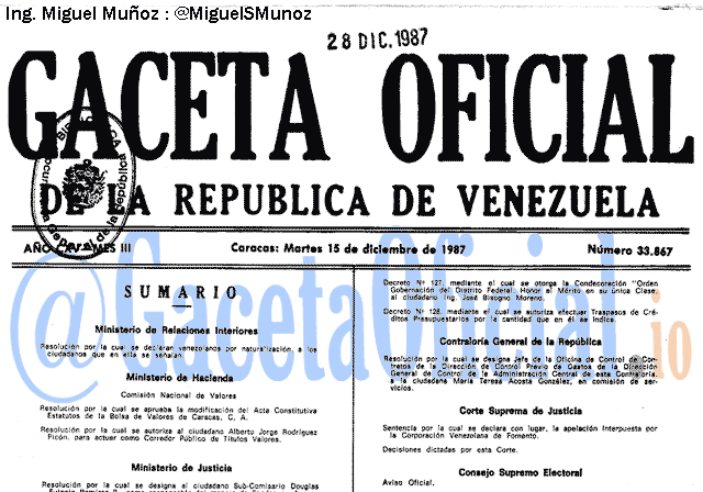 Gaceta Oficial 33867 del 15 Diciembre 1987