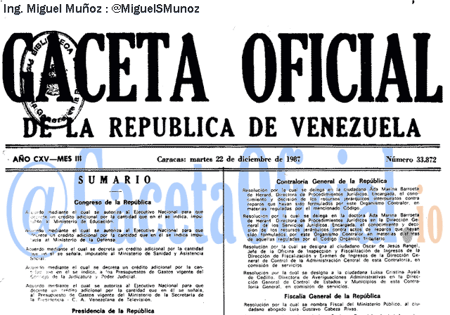 Gaceta Oficial 33872 del 22 Diciembre 1987