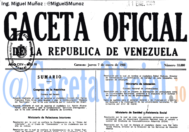 Gaceta Oficial 33880 del 7 Enero 1988