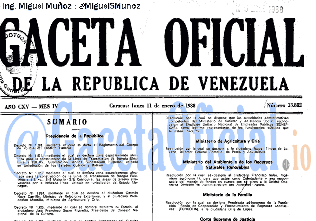 Gaceta Oficial 33882 del 11 Enero 1988