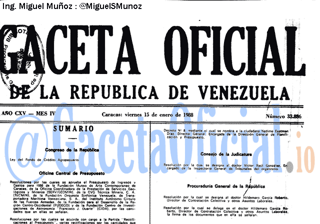 Gaceta Oficial 33886 del 15 Enero 1988