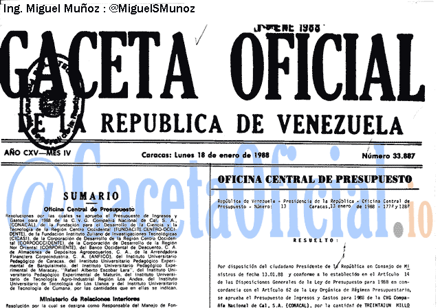 Gaceta Oficial 33887 del 18 Enero 1988