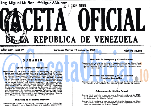 Gaceta Oficial 33888 del 19 Enero 1988