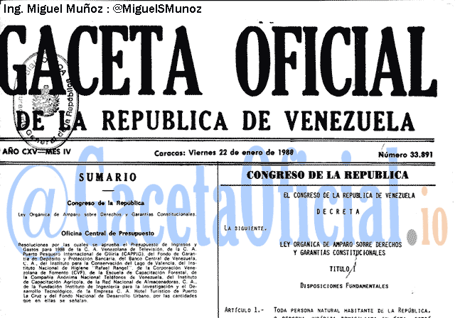 Gaceta Oficial 33891 del 22 Enero 1988