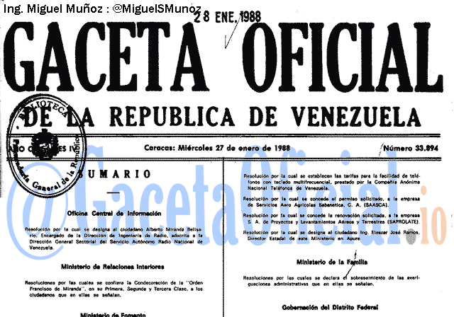 Gaceta Oficial 33894 del 27 Enero 1988