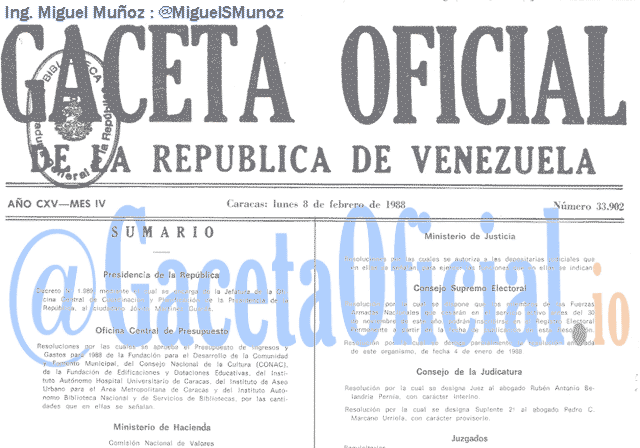 Gaceta Oficial 33902 del 8 Febrero 1988