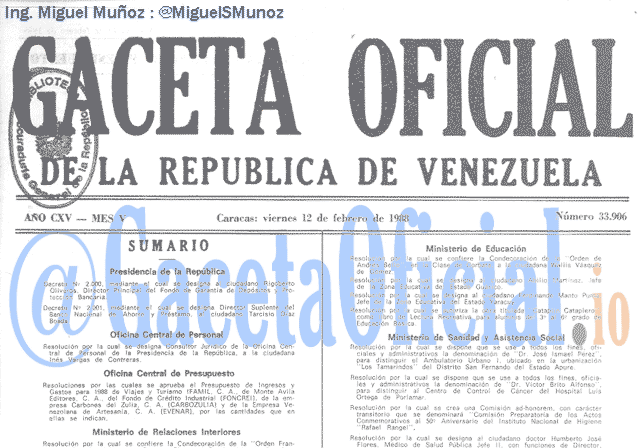 Gaceta Oficial 33906 del 12 Febrero 1988