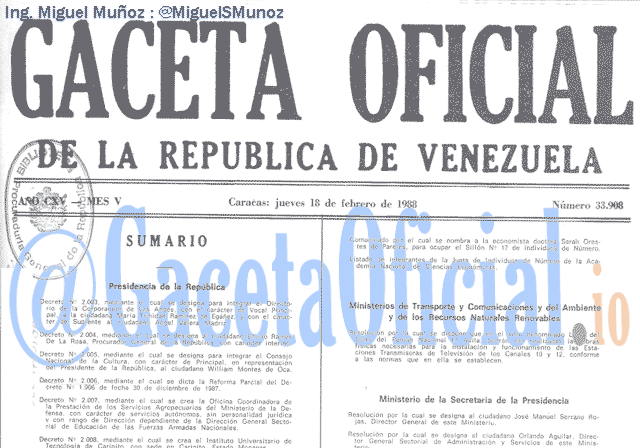 Gaceta Oficial 33908 del 18 Febrero 1988