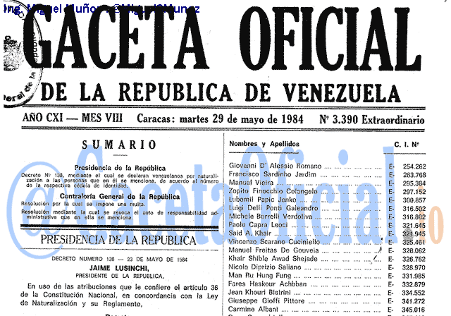 Gaceta Oficial 3390 del 29 Mayo 1984