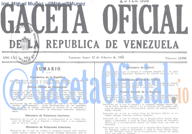 Gaceta Oficial 33910 del 22 Febrero 1988