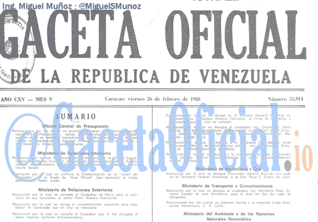 Gaceta Oficial 33914 del 26 Febrero 1988