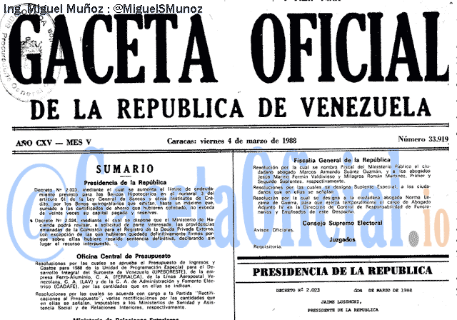 Gaceta Oficial 33919 del 4 Marzo 1988