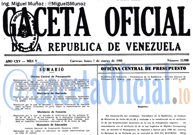 Gaceta Oficial 33920 del 7 Marzo 1988