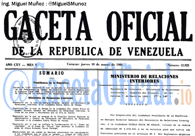 Gaceta Oficial 33923 del 10 Marzo 1988