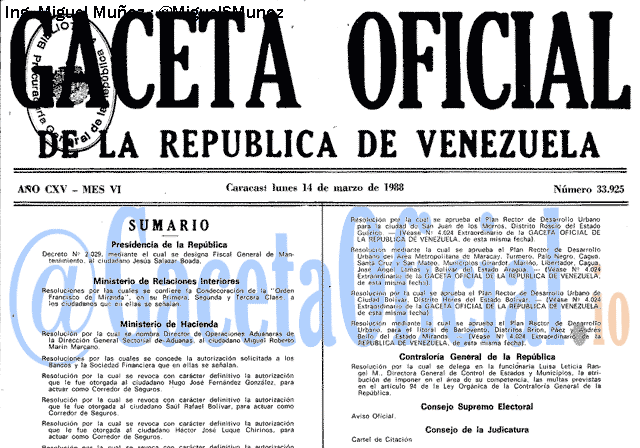 Gaceta Oficial 33925 del 14 Marzo 1988